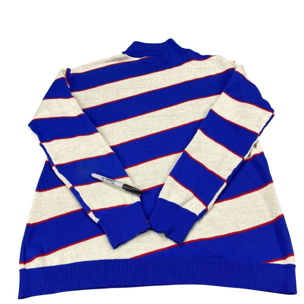 OXKNIT Mens Large Blue Cream Striped Mock Neck 100% Cotton Long Sleeve Sweater